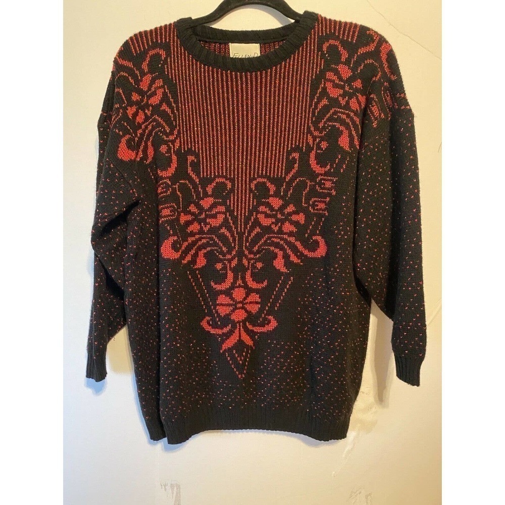VINTAGE Ellen D Kollection Pullover Sweater Black Red Abstract Sparkle